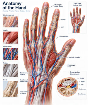 Human Hand Anatomy with Muscles Tendons Arteries Veins and Bones