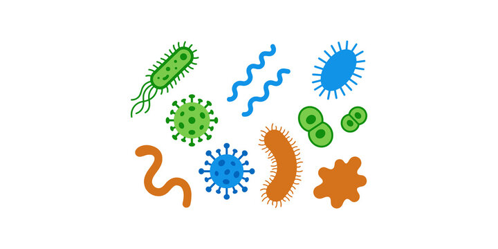Microorganisms and bacteria collection displaying various colorful shapes and forms for scientific medical research.
