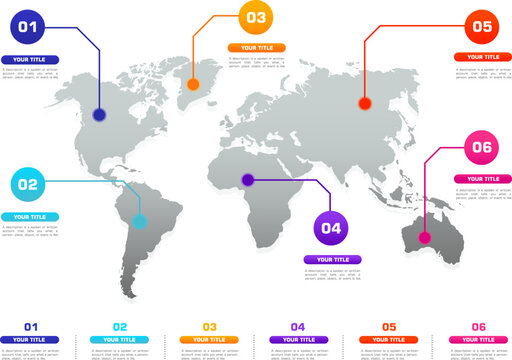 Infographic world map vector asset. Global data visualization chart graphic element continental country territory global business statistics layout banner presentation report design concept.