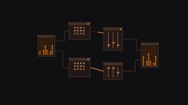 Pixel art audio mixer node graph flowchart processing sound waves and signals