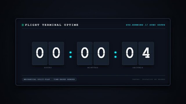 Deterministic 4K mechanical split-flap airport flight information display board animation. Features flipping numeric tiles, animated status indicator, time elapsed counter, and cinematic dark glowing