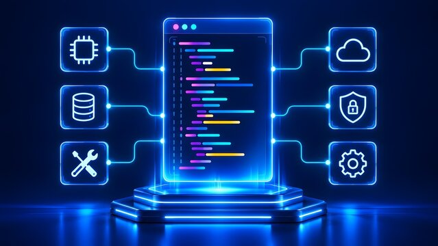 Holographic programming code window connected to microchip, database, cloud, security shield, and configuration icons representing DevOps software development