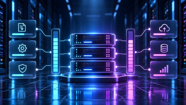 Central network server rack in modern data center connected to cloud storage, cybersecurity shield, database, and analytics icons for enterprise hosting