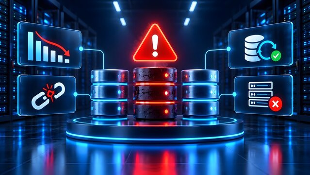 Server outage alert with red warning triangle, broken link, declining chart, and database backup recovery icons in data center representing system failure