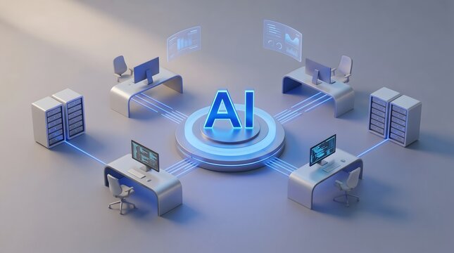 Isometric office workspace connected to centralized artificial intelligence core data processing network