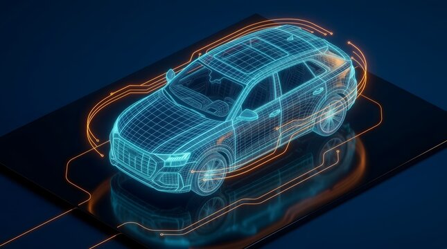 Futuristic automotive design concept featuring glowing holographic wireframe vehicle model with digital circuit lines