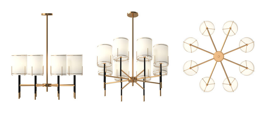 Modern brass chandelier with white fabric shades in a 3D render isolated on white background