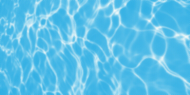 Blue Pool Water Surface With Sunlight Reflections, Rippling Halftone Texture and Abstract Summer Background