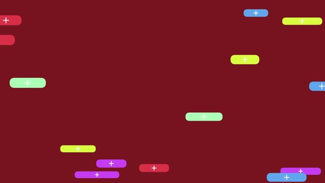 Colorful Floating Pill Shapes With Plus Signs Moving Across Dark Red Background Motion Graphics