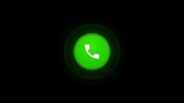 Green incoming phone call button with vibrating handset icon and expanding ripple waves on black background, symbolizing incoming call, notification, communication, and mobile technology.