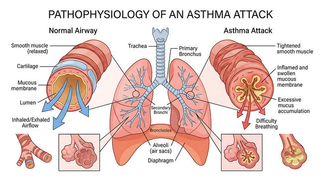 Medical Illustration Comparing Normal Airway Function and the Pathophysiology of an Asthma Attack in Human Lungs