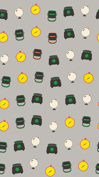 Seamless pattern of clocks, scales, and spheres