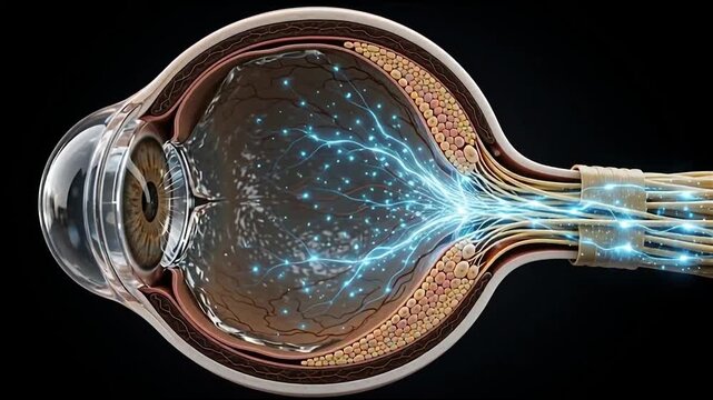 3D Motion Graphic Loop of Human Eye Cross Section Showing Retina and Optic Nerve Signal Transmission