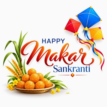 Happy makar sankranti greeting with traditional sesame sweets sugarcane and flying kites kite festival til gul