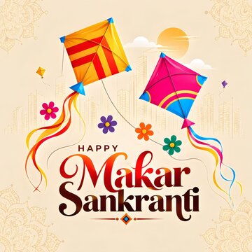 Happy makar sankranti greeting card with colorful kites and floral accents kite festival indian festival