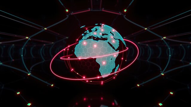 Futuristic globe visualization. Digital network surrounds Earth, glowing red lines connect points. Dark background enhances vibrant colors.