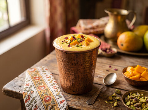A copper tumbler holds mango lassi.