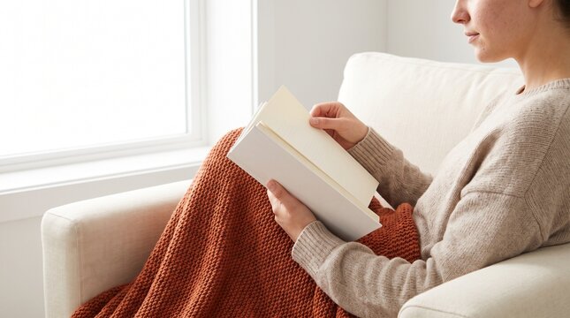 Cozy autumn reading nook with a woman reading by a sunlit window, warm lifestyle scene, Closing book, golden leaves