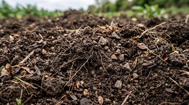 Dark black soil with small rocks and pieces of dry organic plant debris on the ground