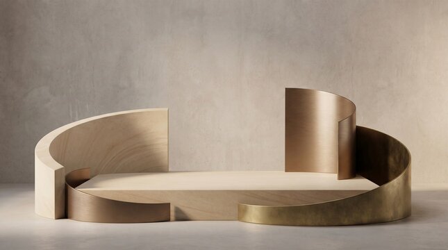 Minimalist beige podium display stand with elegant curved gold shapes for luxury product showcase