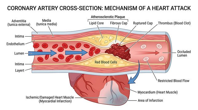 Anatomical Illustration of the Human Heart and the Progressive Stages of Coronary Artery Disease and Atherosclerosis
