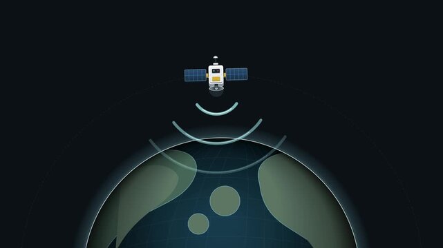 modern communication satellite orbits Earth while a dimensional translucent coverage layer expands around the planet, representing global satellite communication, connectivity, network infrastructure 