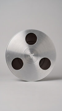 Minimalist studio shot of a classic circular metal film or magnetic tape reel spool casting a soft shadow on neutral grey backdrop.