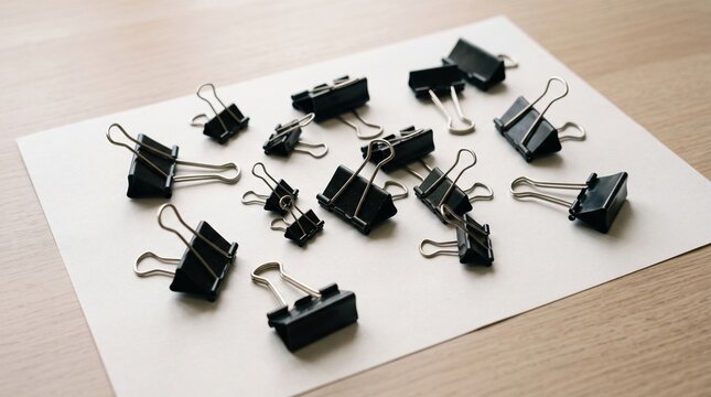 Many black binder clips scattered on a white sheet of paper