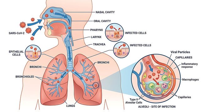 Detailed medical illustration of viral transmission through the human respiratory tract and infection of the alveoli