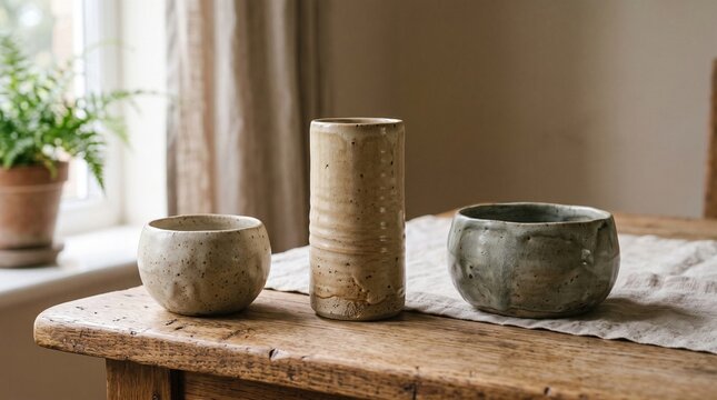 Three rustic handmade ceramic bowls and a tall vase on a wooden table in a sunlit room