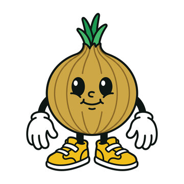 Cute cartoon onion character wearing yellow sneakers and gloves