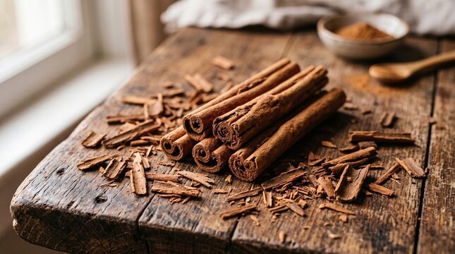 Fresh cinnamon sticks with shavings on a rustic wooden table in a sunny kitchen