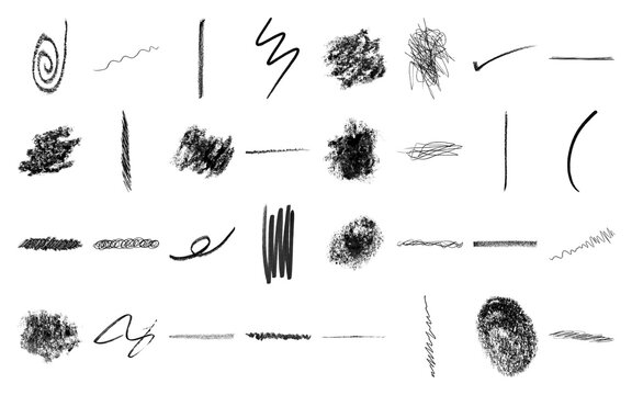 Collection of hand drawn charcoal pencil scribble marks and texture strokes on transparent background