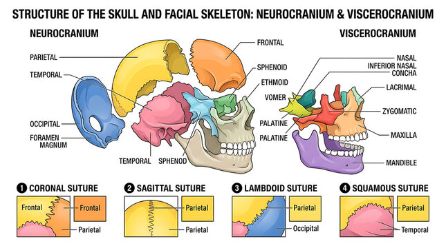 Detailed anatomical illustration of the human skull showing the neurocranium and viscerocranium with major bone structures and sutures