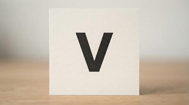 Letter v printed boldly on square paper card.