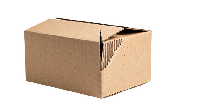 Corrugated cardboard box isolated on white background, brown paper parcel container, empty packaging box for shipping and delivery