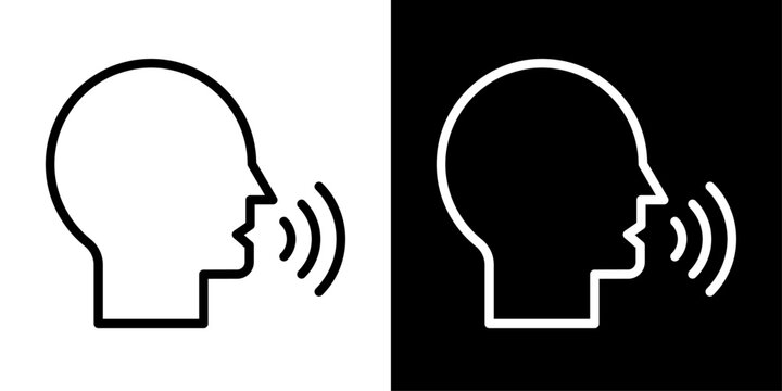 Voice assistant icon with human head profile and sound waves, representing speech recognition, voice command, and AI communication technology