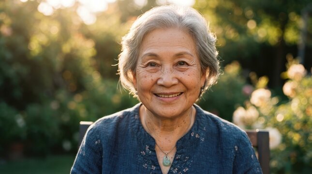 smiling elderly woman in a garden during golden hour