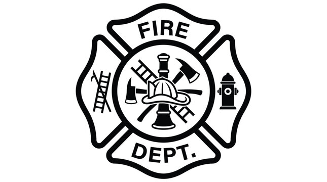Black and white fire department emblem vector logo featuring crossed axes, ladder, helmet and hydrant