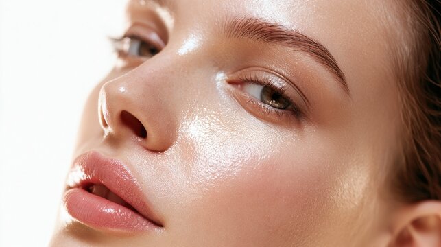 Close up portrait of a woman with dewy glowing skin