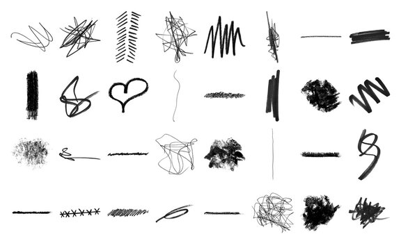 Set of hand drawn black charcoal pencil scribbles and abstract brush strokes on transparent background
