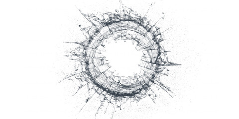 Realistic shattering glass effect with circular impact hole, bullet hole destruction concept isolated on white background © Roy