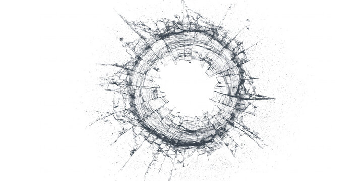 Realistic shattering glass effect with circular impact hole, bullet hole destruction concept isolated on white background