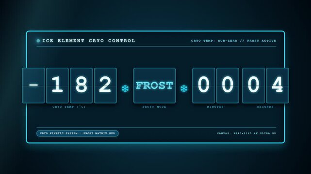 Deterministic 4K mechanical split-flap display featuring a sub-zero cryo elemental theme. Displays freezing temperatures, frost core states, and ice stabilization counters with glacial cyan glowing ac