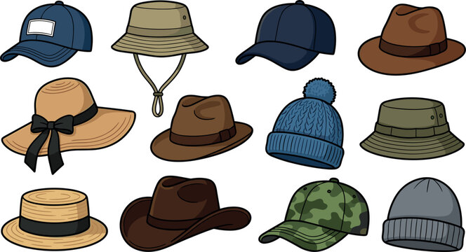 Casual fashion hats and caps collection set including baseball cap beanie cowboy hat bucket hat vector illustration