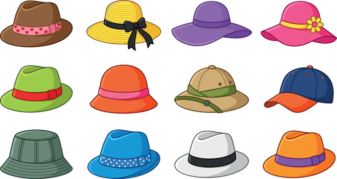 Colorful cartoon summer hats collection set including fedora straw hat bucket hat and baseball cap vector illustration
