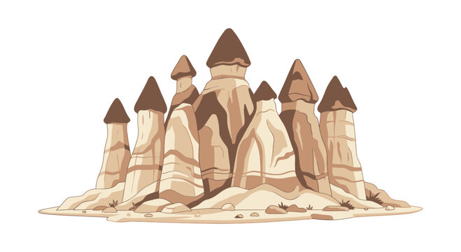 Fairy chimneys rock formation in Cappadocia, Turkey flat vector illustration