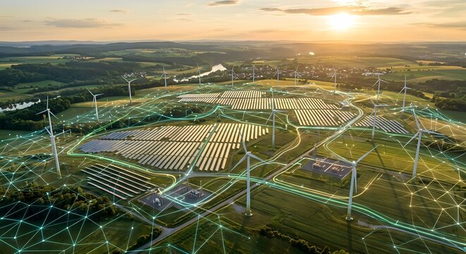 Aerial view of solar farm and wind turbines connected by glowing digital network at sunset, AI smart grid and renewable energy technology concept