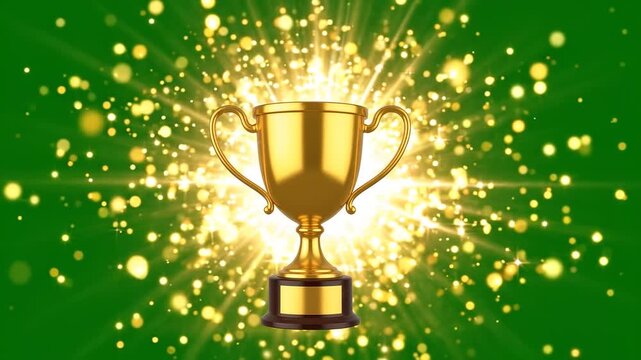 Rotating gold trophy with starburst explosion on green screen background