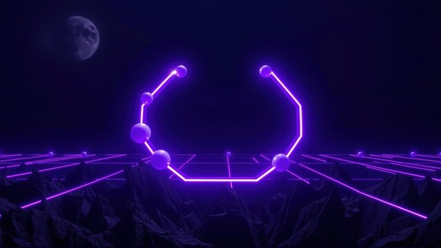 Futuristic landscape. Glowing purple lines form hexagon, spheres connect points. Dark sky features small moon. Minimalist design, digital art.